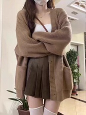 新款v领纽扣长袖针织外套时尚慵懒风时尚百搭，女装针织衫/毛衣，思途羊绒