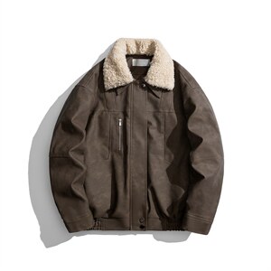白底PU皮复古做旧面料可脱卸羊羔毛领夹克式棉衣男77933P138控198图片