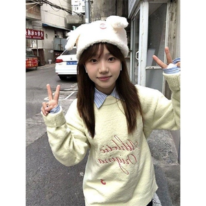 甜美校园风字母提花圆领套头毛衣女学生秋冬新款毛茸茸软糯针织衫图片