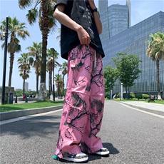 美式复古设计感印花休闲裤女新款宽松显瘦直筒阔腿拖地裤AK24-P35，男装休闲裤，星座1008