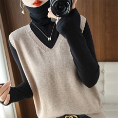针织马甲女坎肩V领套头无袖毛衣韩版宽松休闲外搭帽衫上衣秋季新，女装马甲，春韵羊绒