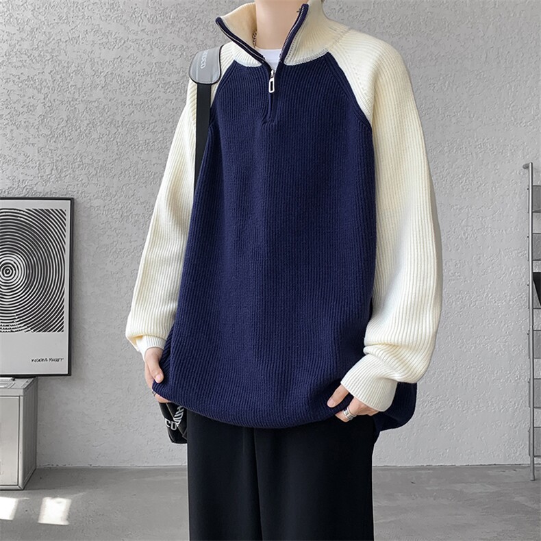 8XL-M半拉链立领毛衣外套男针织衫慵懒拼接插肩袖线衣MY19001P78,男装针织衫/毛衣,电商B312