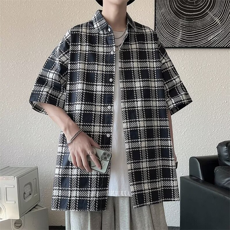 短袖衬衫男夏季新款港风宽松格子衬衣CS5522-P30,男装衬衫,星座1109-3