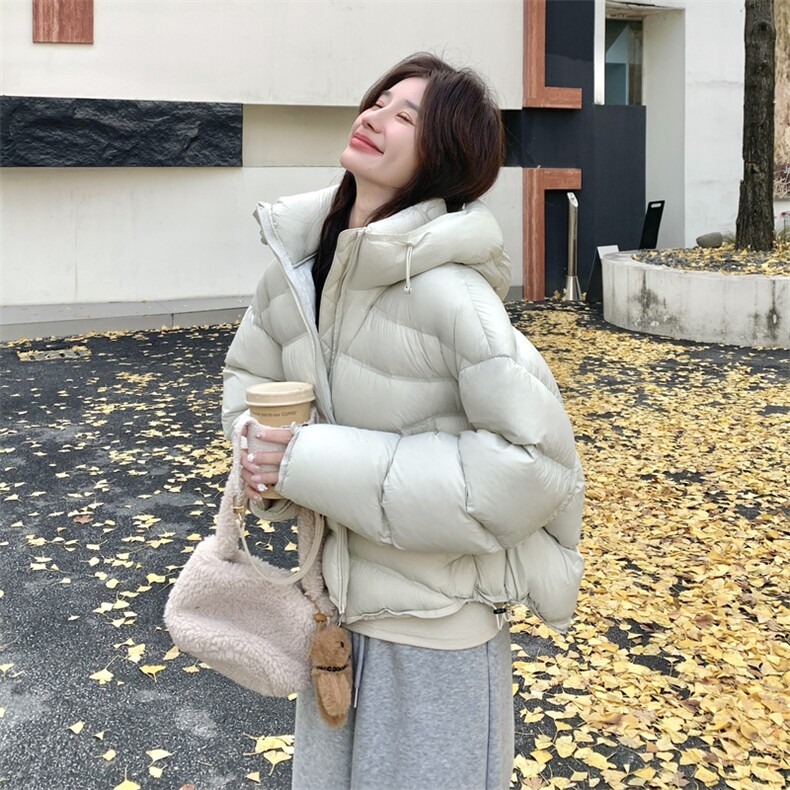 米白色连帽泡芙羽绒服女冬2025新款超火好看高级小众保暖加厚外套,女装短外套,2B183