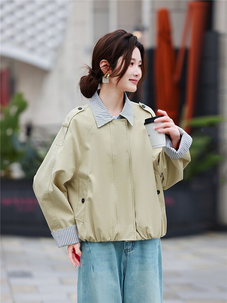 时尚条纹拼接假两件短外套女春季新款设计感减龄夹克风衣上衣,女装短外套,鑫源服饰