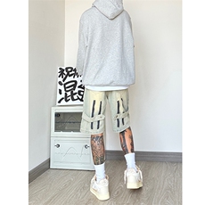 B221美式ins高街暗黑拉链休闲牛仔短裤五分裤LK23082-P50控68，男装牛仔裤，电商B221