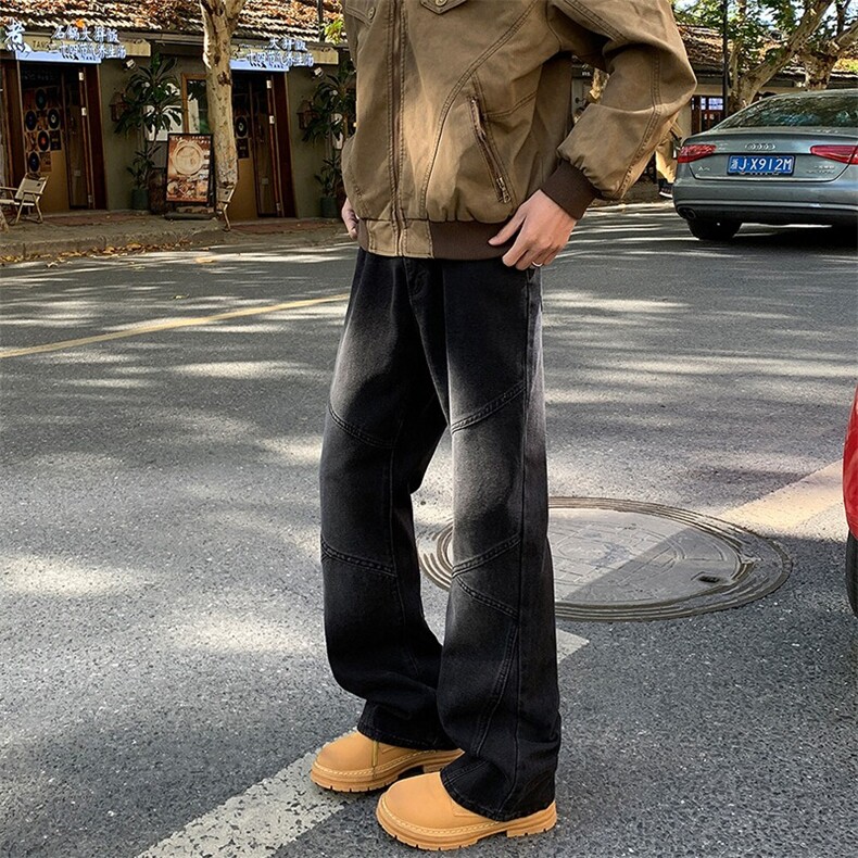 美式拼接牛仔裤男春秋痞帅微喇裤子复古小众直筒工装裤AMX213P45,男装牛仔裤,星座1013-5