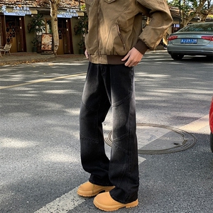 美式拼接牛仔裤男春秋痞帅微喇裤子复古小众直筒工装裤AMX213 P45图片