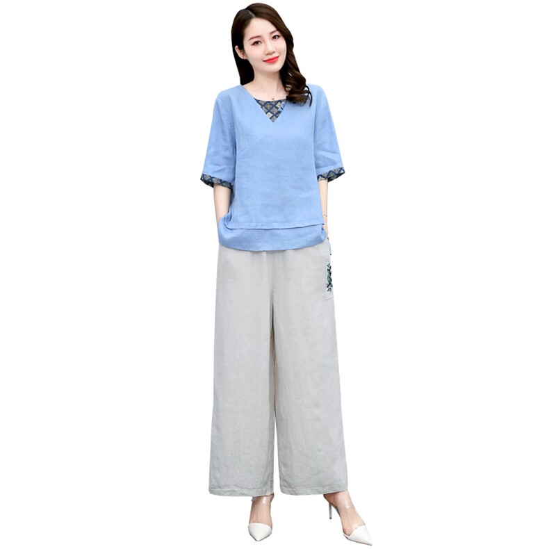 时尚绣花苎麻阔腿裤套装女2024年夏季休闲宽松高端妈妈棉麻两件套,女装套装/套裙,凝聚力