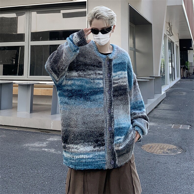 彩虹色条纹撞色针织衫男女ins秋宽松慵懒风开衫毛衣MY0219-P60,男装针织衫/毛衣,星座308B-1