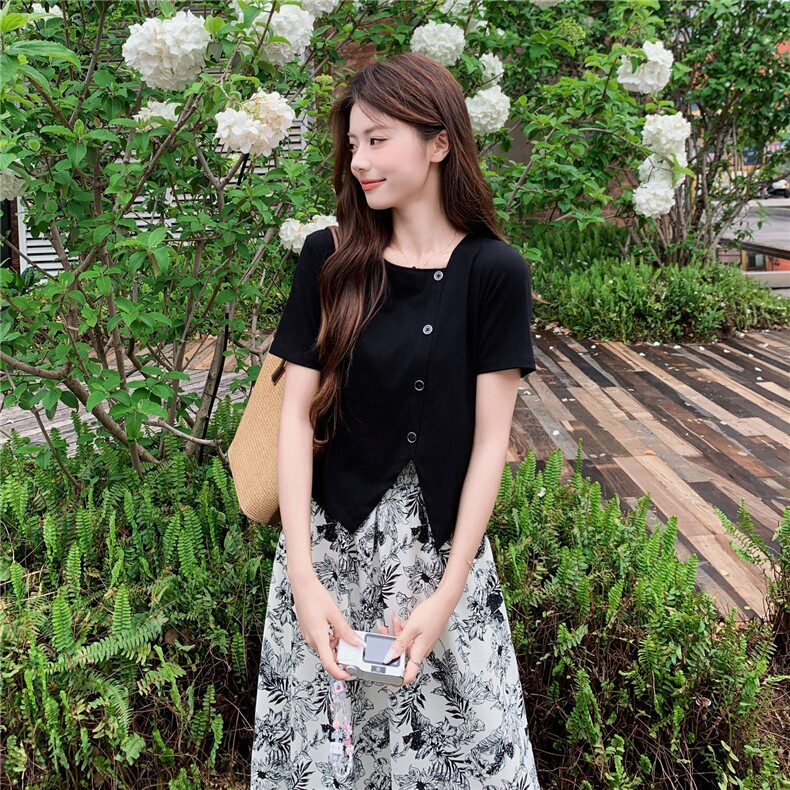 气质水墨印花套装女夏装不规则方领T恤短袖半身裙子两件套潮,女装套装/套裙,艾米莉亚