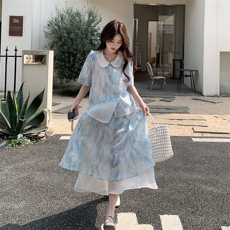 新中式国风娃娃领碎花半身裙套装女夏2025新款小个子温柔风两件套图片