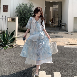 新中式国风娃娃领碎花半身裙套装女夏2025新款小个子温柔风两件套图片