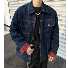 春日港风撞色格子拼接牛仔外套复古甜酷宽松休闲夹克上衣3561/P80，男装夹克，星座506