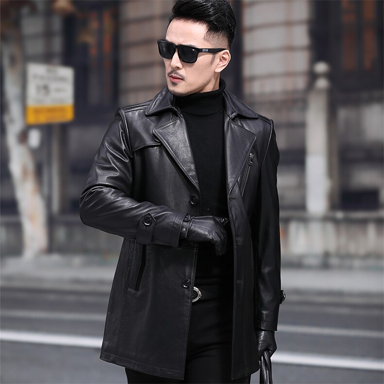 X9016春秋款头层牛皮皮衣男真皮中长款西装皮衣风衣韩版外套P680，男装西服套装，电商B360A（原721A）