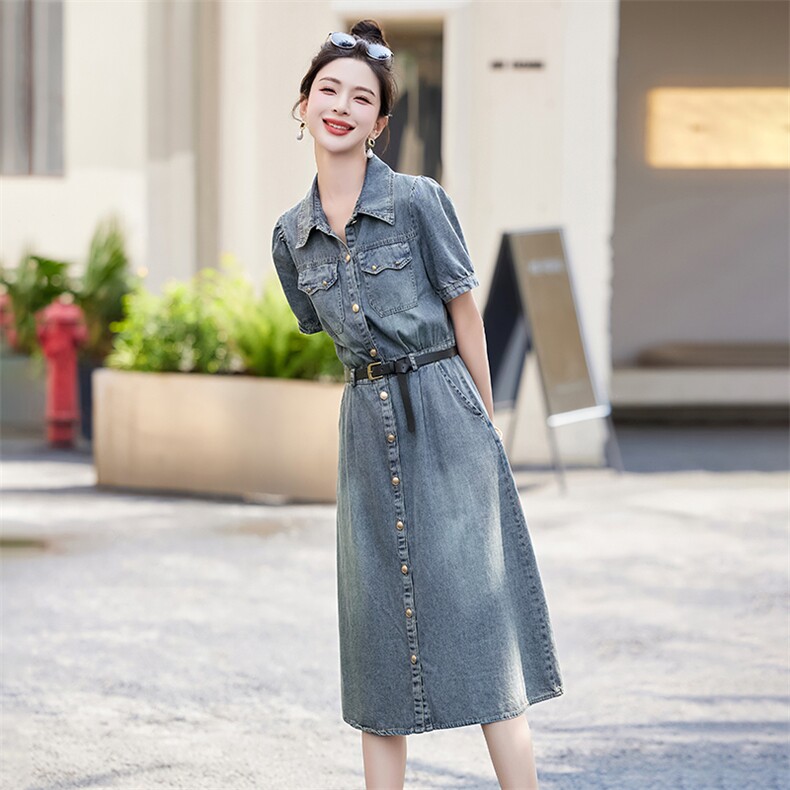 时尚潮流牛仔连衣裙女夏季新款显瘦修身气质长裙百搭休闲风,女装连衣裙,布芭啦