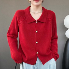 100%纯羊毛开衫女士POLO领提花珍珠扣毛衣外套宽松羊绒衫加厚上衣，女装羊毛衫，秋虹羊绒