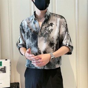 新中式风衬衫男短袖休闲痞帅水墨扎染衬衣新款男士夏装上衣