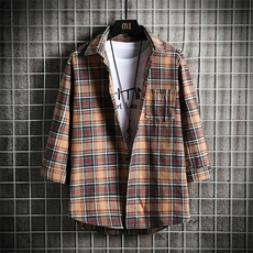 格子衬衫男短袖外套上衣服夏韩版潮流休闲七分袖衬衣DS812TP35，男装衬衫，电商A102