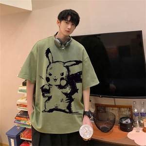 ！24夏季新款宽松大码港风皮卡丘短袖麂皮绒T恤TJ61-特p19图片
