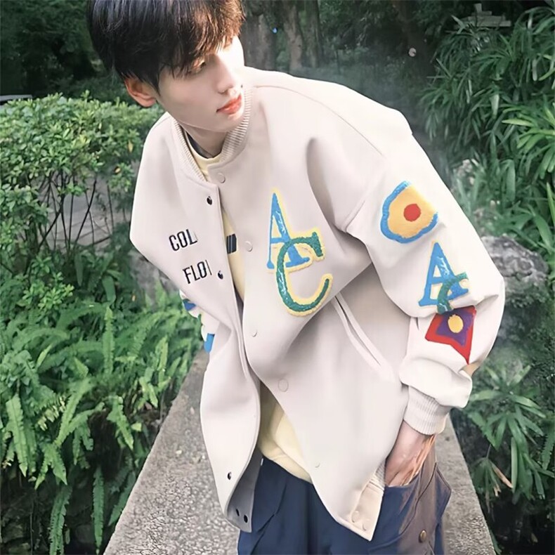 美式复古毛巾绣拼色棒球服男女款秋季潮牌宽松情侣百搭夹克外套,男装夹克,星座715-4