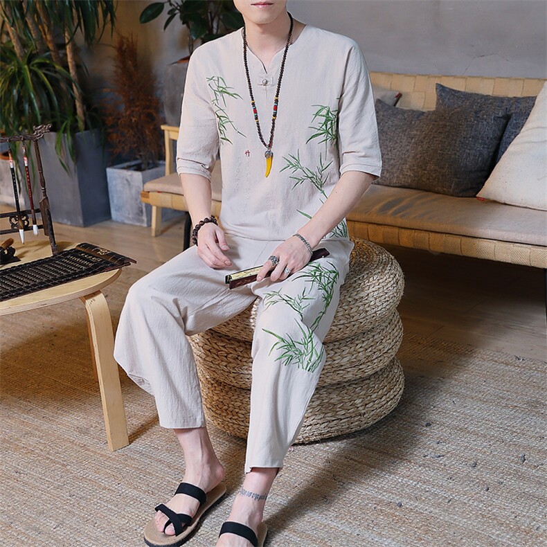 夏季中国风亚麻套装男士大码棉麻唐装汉服禅服短袖两件套HS01-P45图片