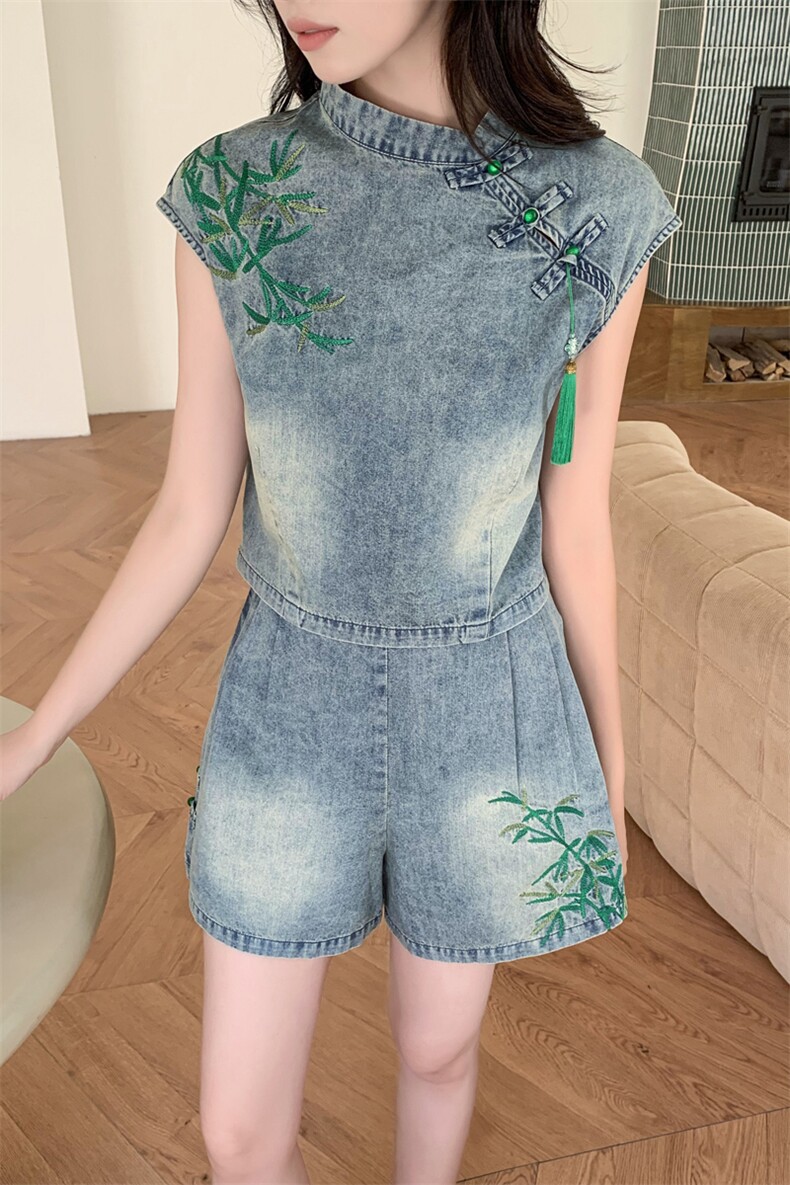 2025夏季新款新中式套装女夏季女装牛仔两件套上衣裤子配送吊坠,女装套装/套裙,关键词