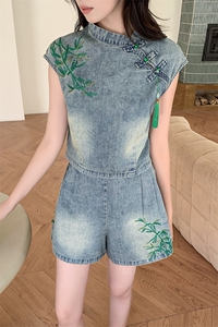 2025夏季新款新中式套装女夏季女装牛仔两件套上衣裤子配送吊坠图片
