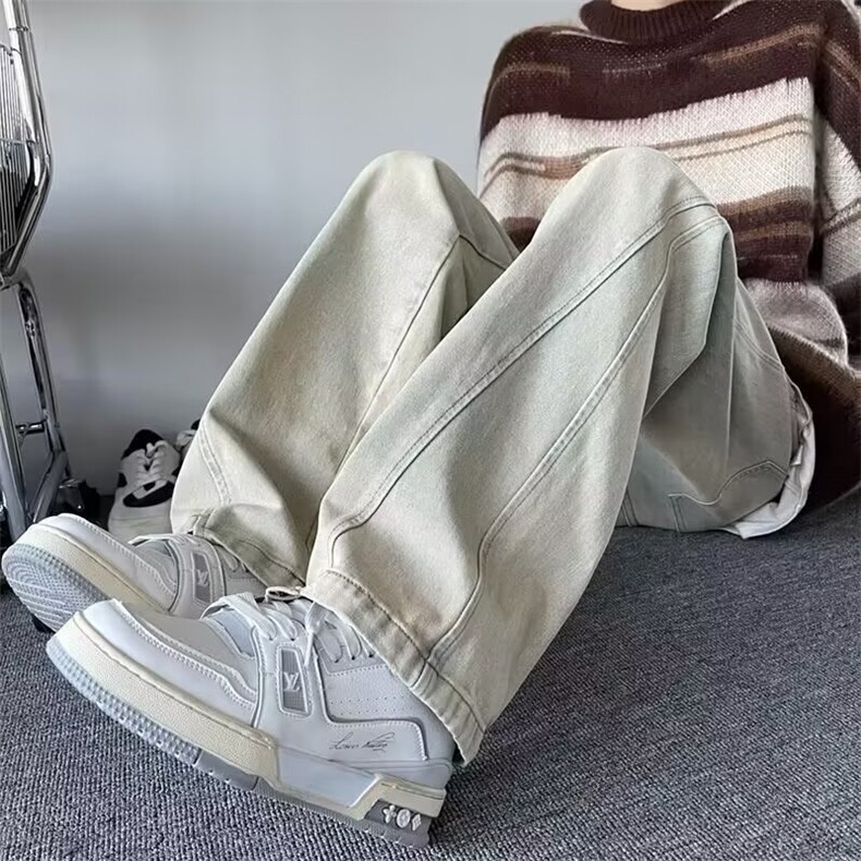 男士薄款黄泥微喇牛仔裤男款美式高街抽绳宽松休闲直筒裤子潮牌,男装牛仔裤,星座506A