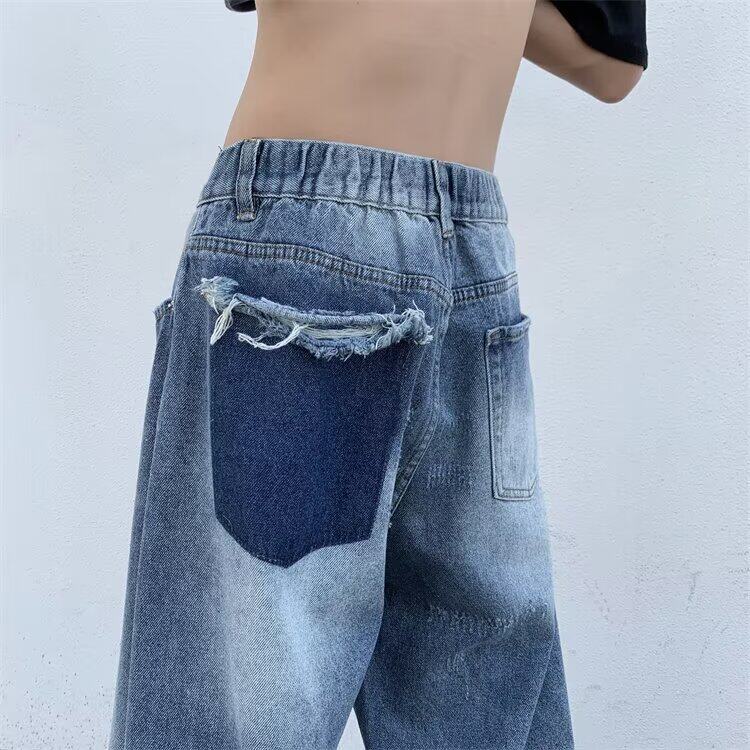 2025季新款欧货设计感复古蓝水洗宽松显瘦阔腿直筒牛仔裤男女,男装牛仔裤,星座506A