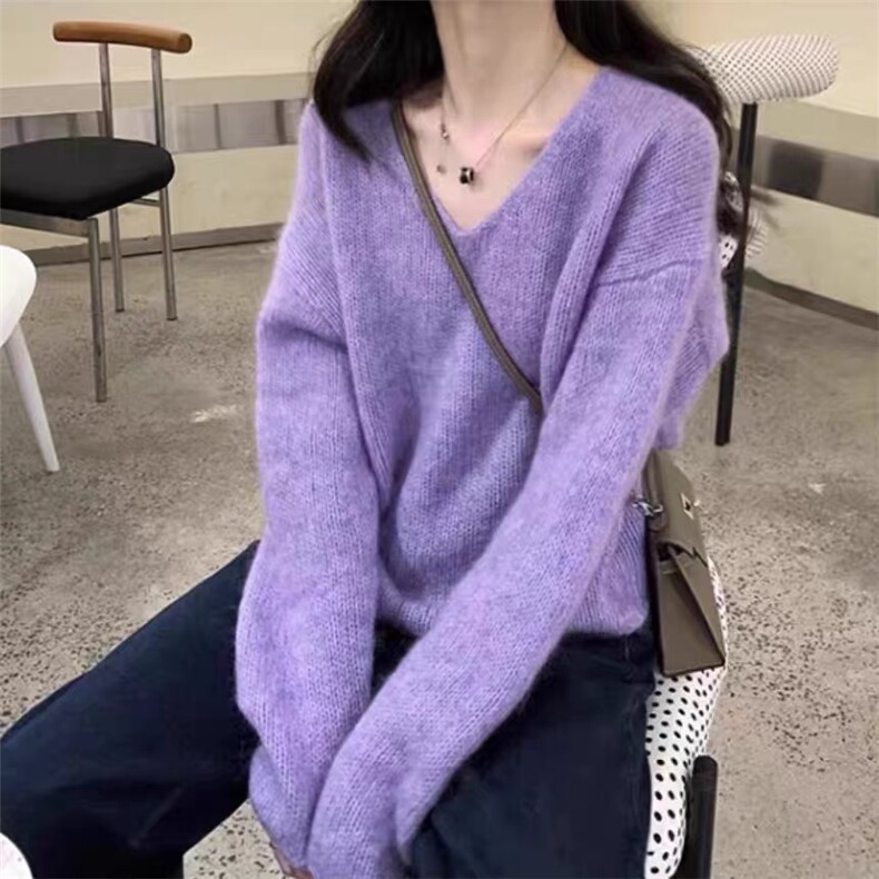 2025秋冬新款百搭时尚v领卷边长袖针织衫，女装针织衫/毛衣，秀阁羊绒