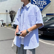 夏季薄款青少年条纹短袖衬衫男士港风休闲衬衣潮牌韩版外套CS003，男装T恤，星座516A