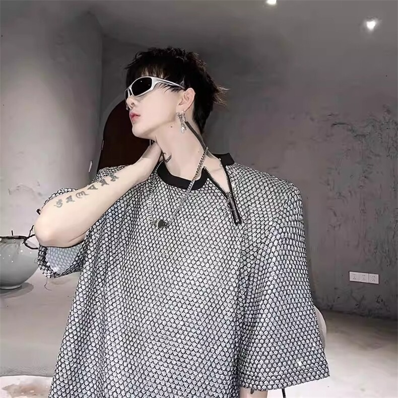 夏季小众高级感炸街短袖T恤男设计感拉链装饰上衣潮亮闪闪垫肩潮,男装T恤,星座1210-1