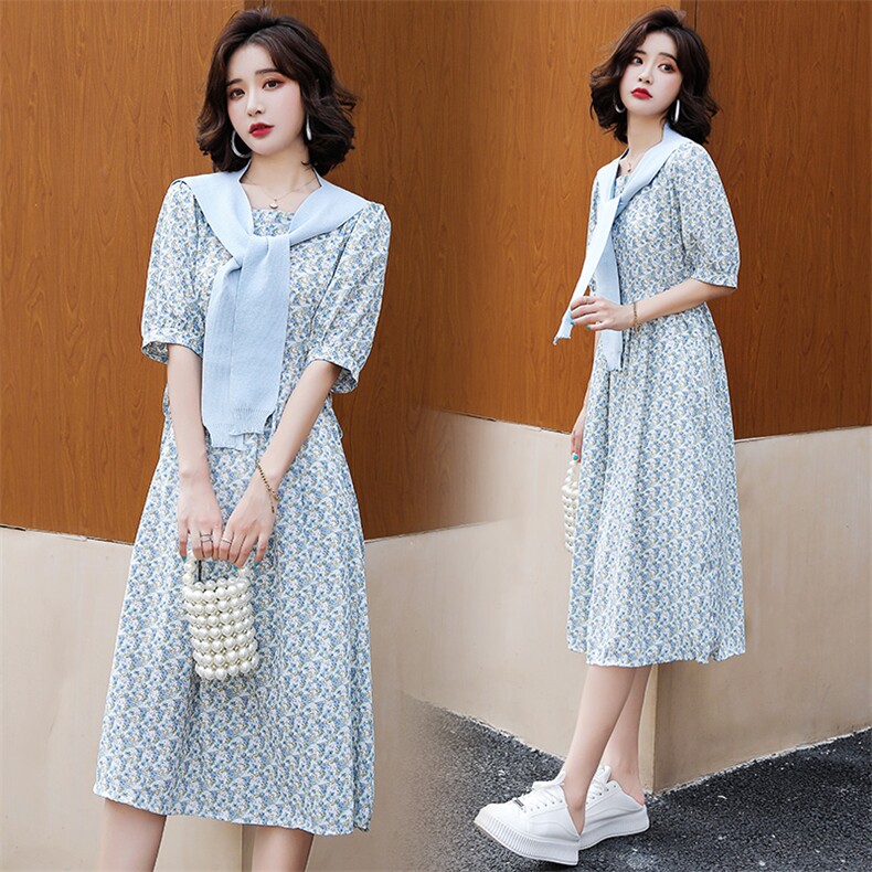 蝶眷2021夏季新款连衣裙长款带披肩系腰带印花款,女装连衣裙,蝶眷