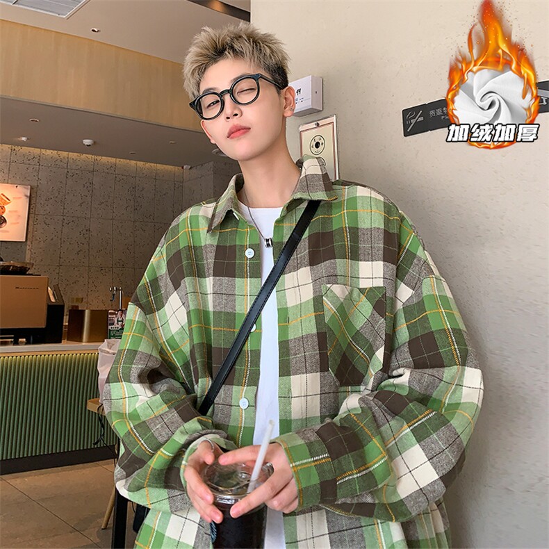 绿色格子长袖衬衫男春秋季美式复古高街oversize大码潮牌衬衣外套图片