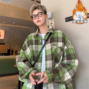 绿色格子长袖衬衫男春秋季美式复古高街oversize大码潮牌衬衣外套图片