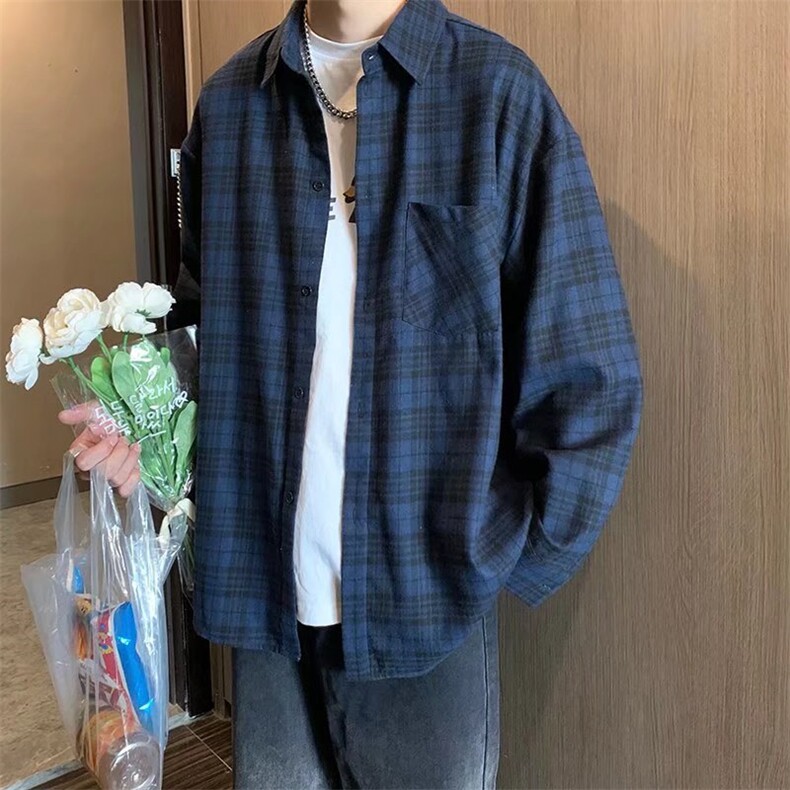 高级感炸街衬衫男设计感小众复古盐系格子衬衣外套男春季,男装衬衫,星座506A