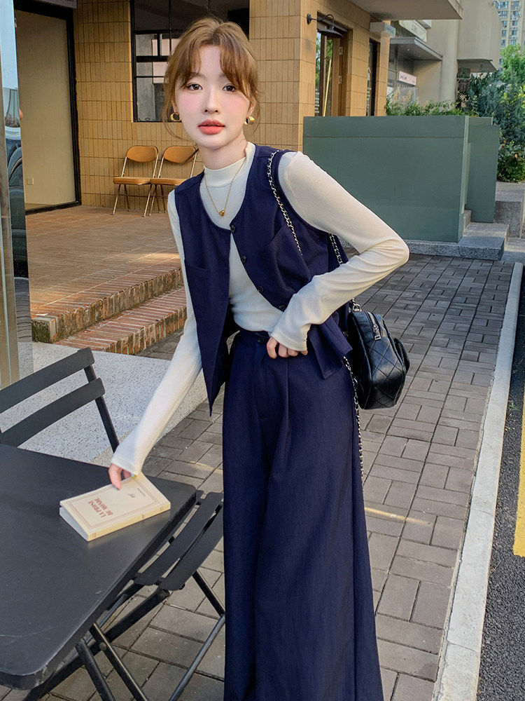 高级感牛仔马甲套装女春秋2025新款盐系轻熟风休闲阔腿长裤三件套,女装套装/套裙,千千佰惠