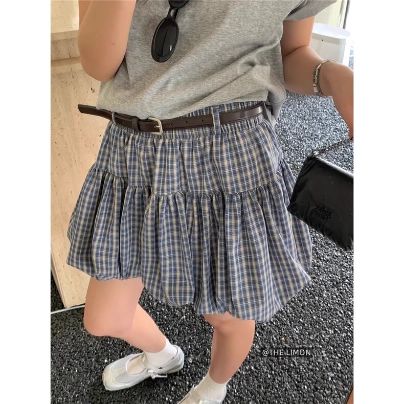 复古学院风格子配腰带花苞半身裙女夏季新款防走光格纹蓬蓬短裙子，女装半身裙，星座1210-1