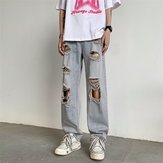 破洞牛仔裤男夏季ins阔腿拖地休闲裤直筒宽松乞丐裤男N01471-P43，男装牛仔裤，星座308B-1
