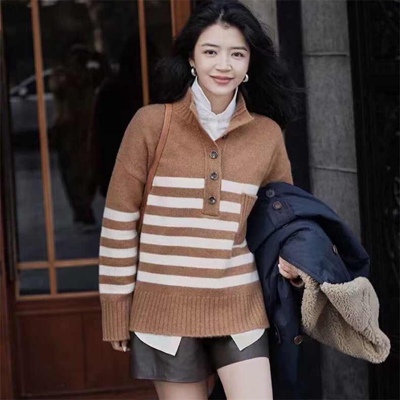 2025年秋季新款百搭女士polo领粗条长袖针织衫,针织衫/毛衣,忠诺羊绒