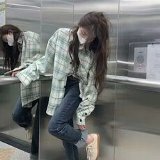 2025春夏季薄荷绿长袖格子衬衫女休闲百搭风复古慵懒衬衣新款上衣，男装衬衫，星座506A