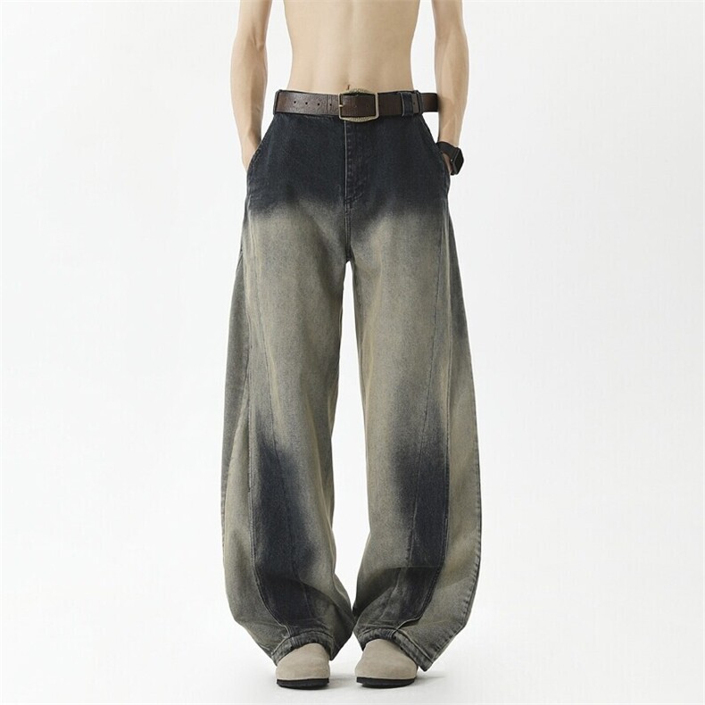 美式复古弯刀牛仔裤男春夏潮牌水洗渐变宽松痞帅cleanfit微喇裤子，男装休闲裤，电商D202
