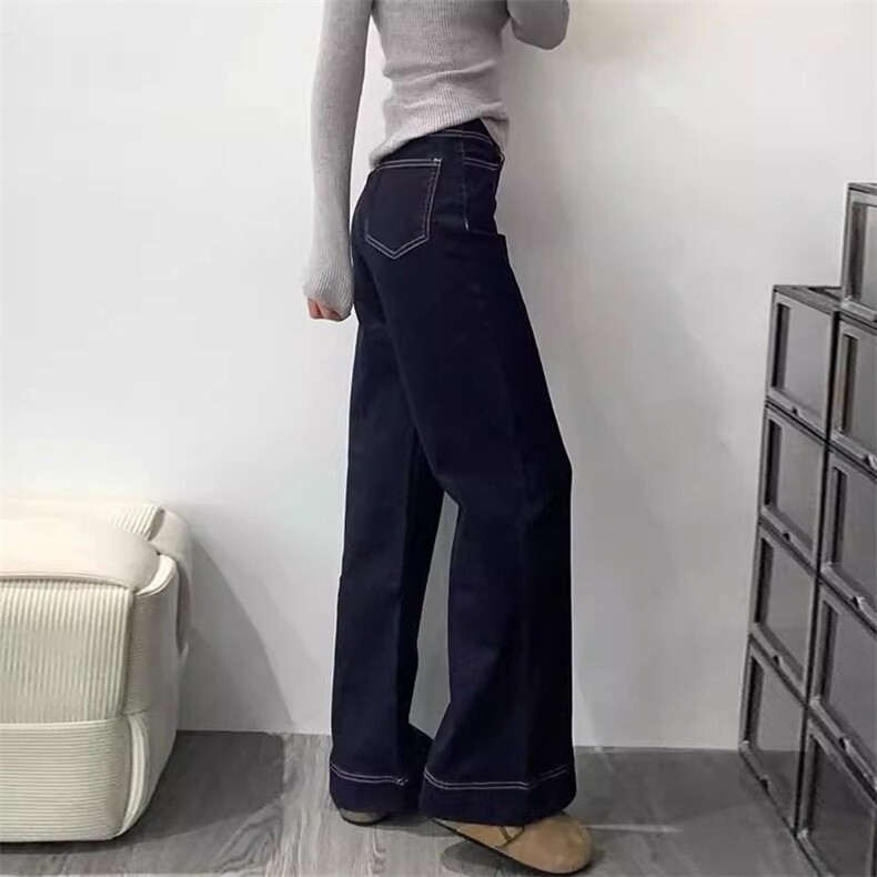 深蓝色不贴腿微喇牛仔裤女秋季小个子辣妹加绒高腰显瘦马蹄喇叭裤,男装牛仔裤,星座506A