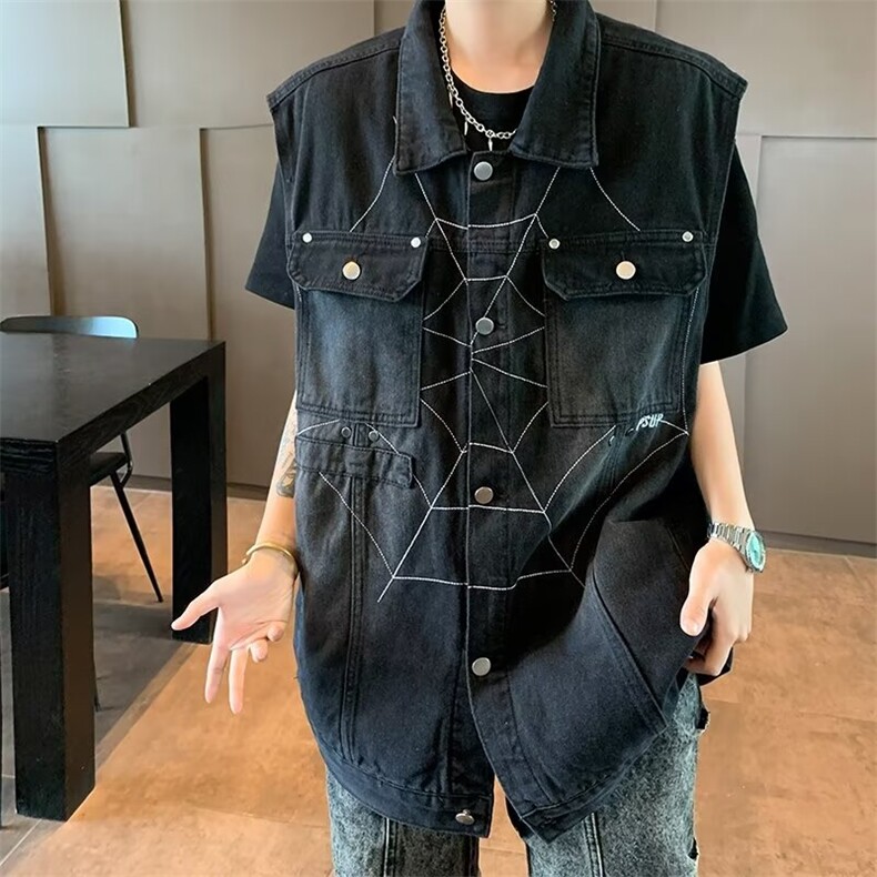 美式蛛网印花无袖工装马甲大口袋牛仔背心潮牌宽松百搭外套ins,男装背心/马甲,星座601-1