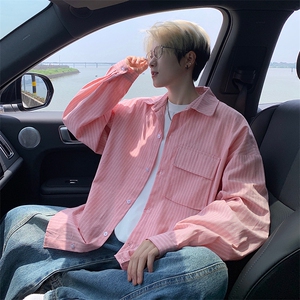 衬衫男秋季新款港风宽松大码立体口袋纯棉条纹长袖衬衣CS3099-P42图片