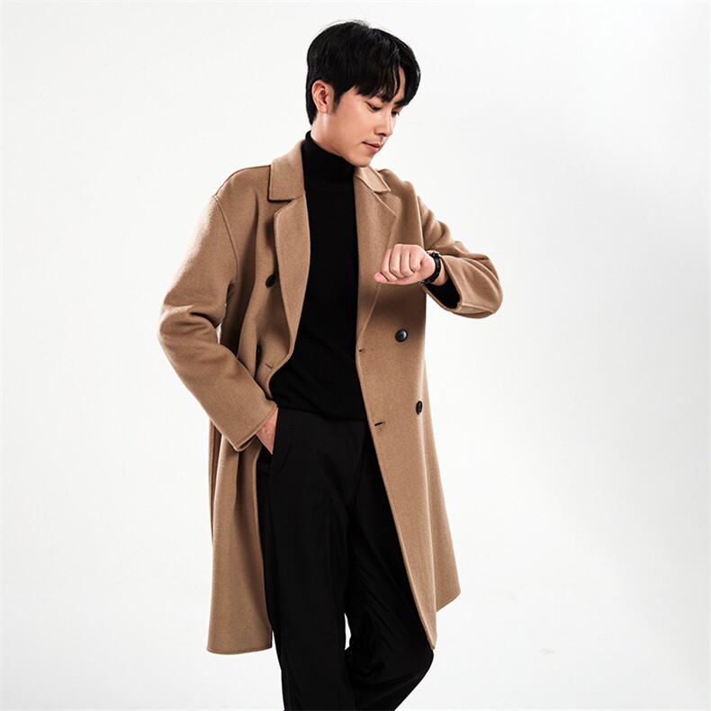 翻领中长款纯色时尚双排扣显瘦羊毛大衣2024年秋季，男装毛呢大衣，牧绒家园高端店