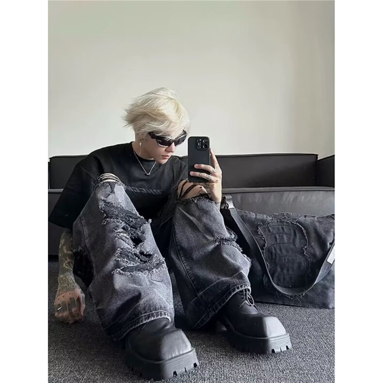 夏季薄款美式高街微喇破洞牛仔裤男宽松直筒oversize极度破坏高级，男装牛仔裤，星座506A