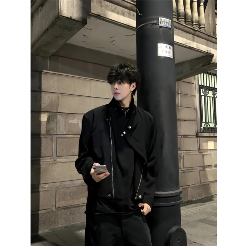 现货纽扣斜拉链襟翻领垫肩短款夹克外套男,男装夹克,星座910A