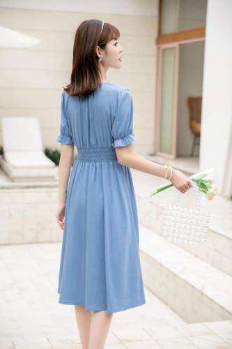 夏季新款韩版蓝色淑女爱心连衣裙，女装连衣裙，水锦红